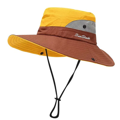 Womens Ponytail Sun Hat UV Protection Mesh Foldable Wide Brim Beach Fishing Bucket Hats Summer Hiking Outdoor Climbing hike Caps