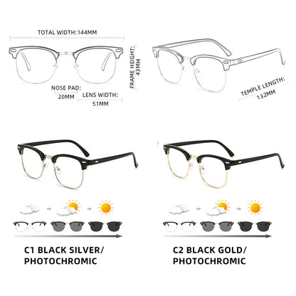 Classic Half Frame Photochromic Sunglasses Men Women Retro Rivet Chameleon Sun Glasses Male Fashion Change Color Driving Shades