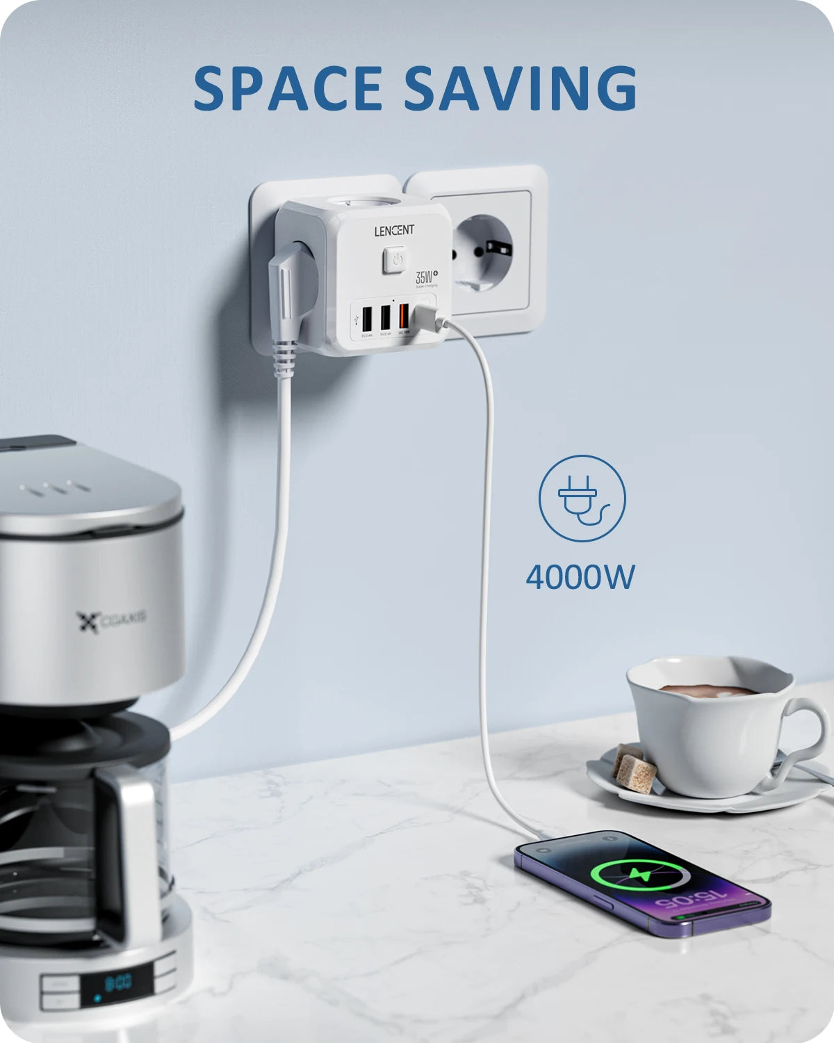 LENCENT 7-in-1 EU Power Strip – Wall Socket with 3 AC Outlets, 3 USB (QC 18W) & 1 Type-C (PD 35W) Fast Charger!