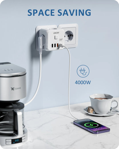 LENCENT 7-in-1 EU Power Strip – Wall Socket with 3 AC Outlets, 3 USB (QC 18W) & 1 Type-C (PD 35W) Fast Charger!