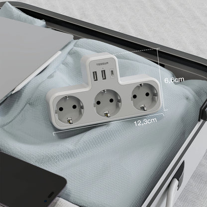 TESSAN 6-in-1 Socket Adapter – 3-Way Outlet with USB & Surge Protection for Travel, Smartphones & Laptops!