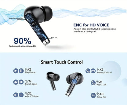 Wireless Bluetooth 5.3 Earbuds – 40dB Noise Cancelling, 6-Mic ENC, HD Calls & LED Display with Transparency Mode!