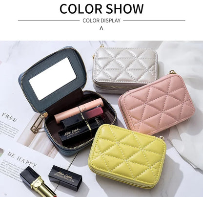 Mini Leather Cosmetic Bag – Stylish Lipstick & Coin Purse with Built-in Makeup Mirror