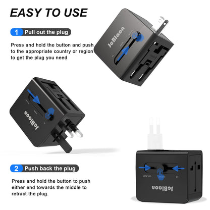 Universal Travel Adapter – Global Plug Converter with USB-A & Type-C for UK, US, EU, AU