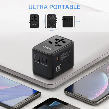 LENCENT 65W/100W GaN Universal Travel Adapter – Fast Charging EU/UK/US/AU Plug with 2 USB & 3 Type-C Ports