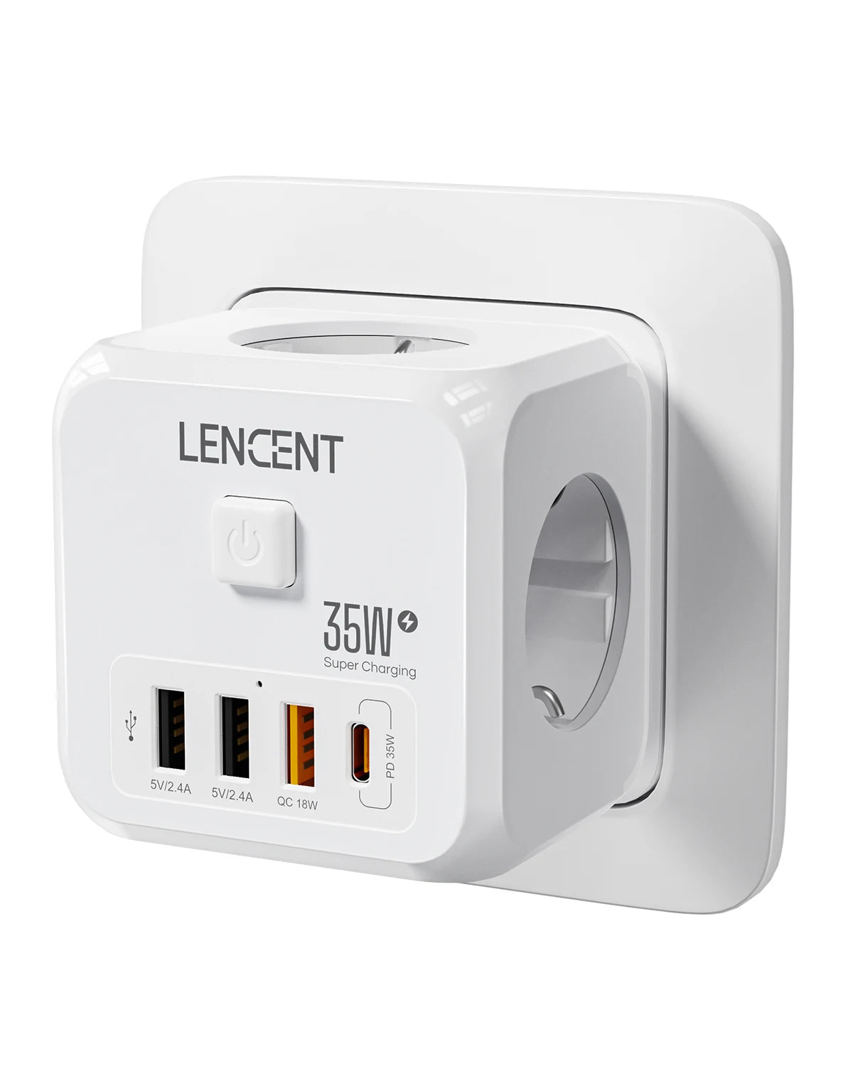 LENCENT 7-in-1 EU Power Strip – Wall Socket with 3 AC Outlets, 3 USB (QC 18W) & 1 Type-C (PD 35W) Fast Charger!
