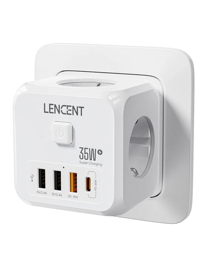LENCENT 7-in-1 EU Power Strip – Wall Socket with 3 AC Outlets, 3 USB (QC 18W) & 1 Type-C (PD 35W) Fast Charger!