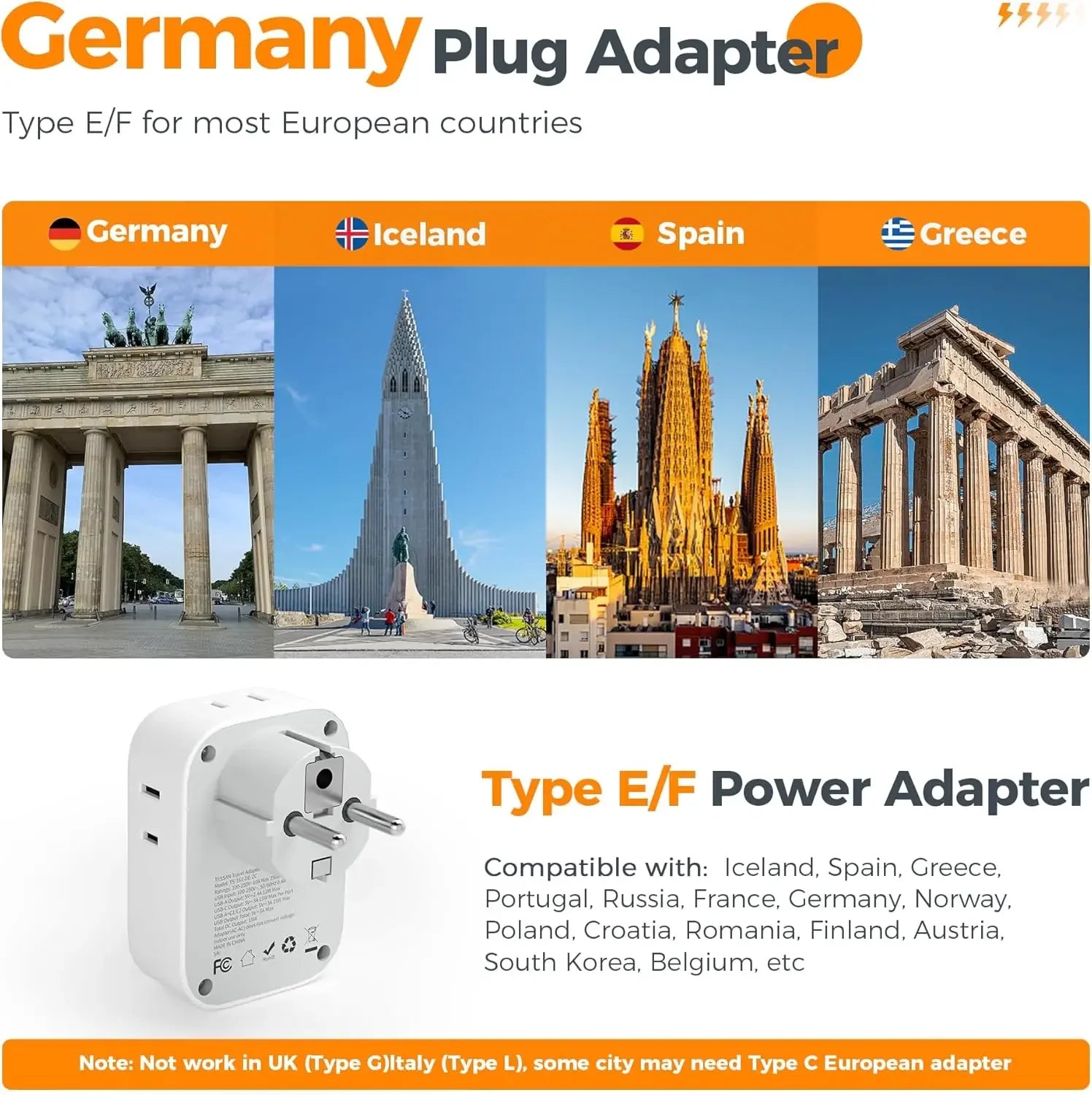 TESSAN US to EU Travel Adapter – 7-in-1 Plug with 4 AC Outlets & 3 USB Ports for Spain, France, Russia & More
