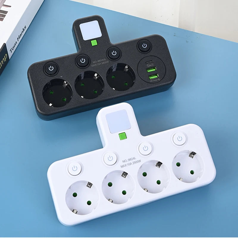 EU Plug Power Strip – 6-in-1 Wall Charger with 3 AC Outlets, 2 USB Ports & 1 Type-C for Home & Office