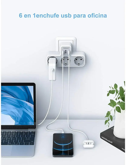 TESSAN 6-in-1 Socket Adapter – 3-Way Outlet with USB & Surge Protection for Travel, Smartphones & Laptops!