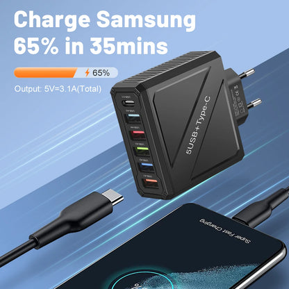 65W 5-Port USB Fast Charger – PD & QC 3.0 Adapter for Xiaomi, iPhone, Samsung & Vivo