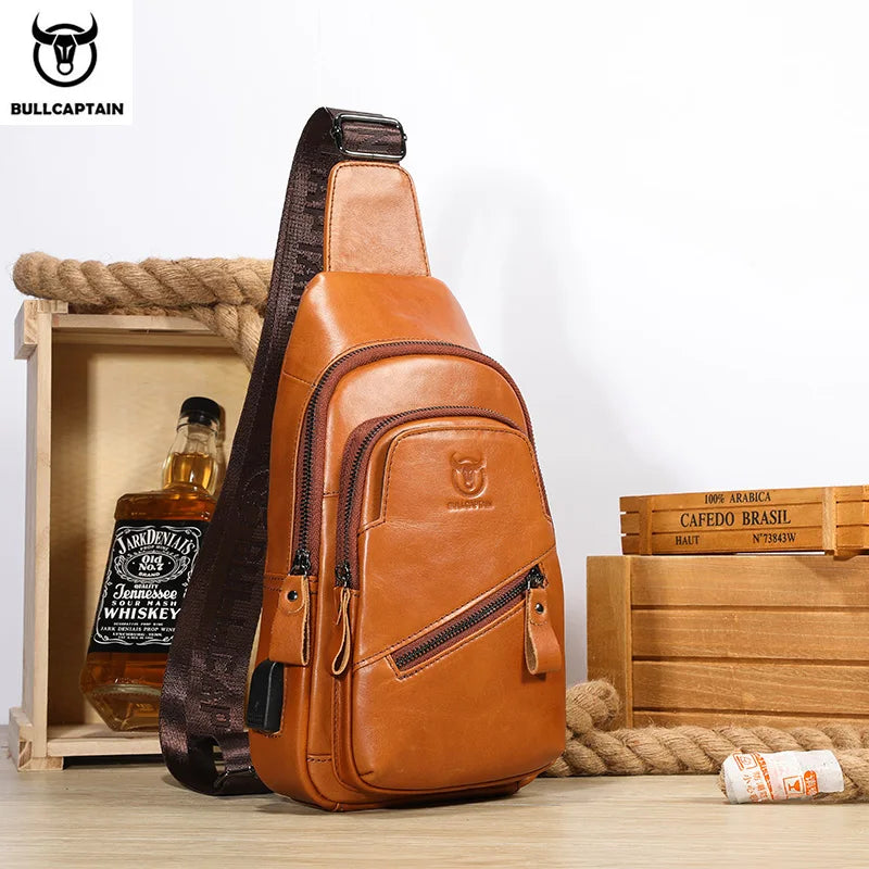 BULLCAPTAIN 2025 Men's Leather Chest Bag – Large Capacity Casual Messenger Bag, Classic Leather XB 127