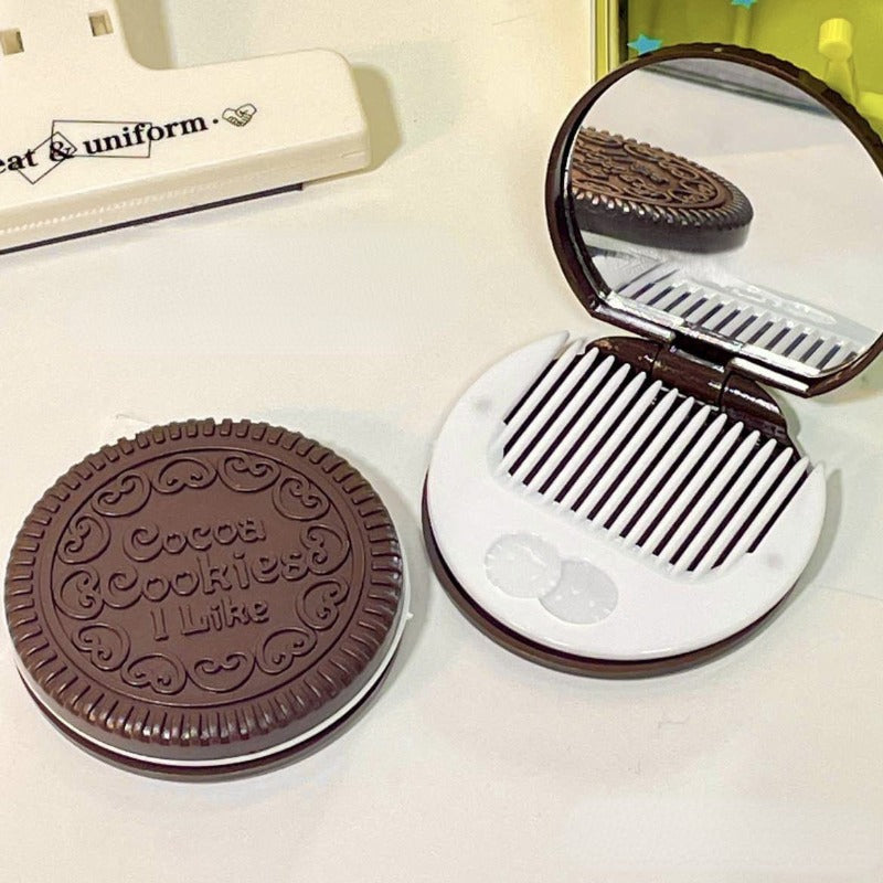 Chocolate Biscuit Folding Makeup Mirror – Cute & Compact Pocket Mirror with Comb