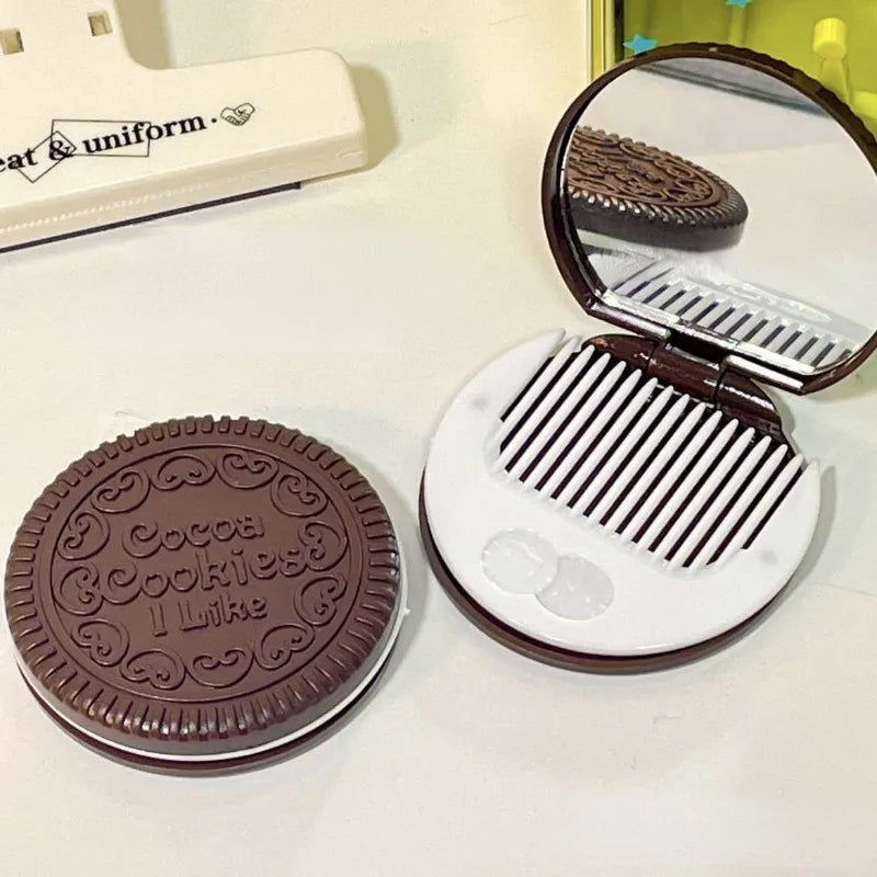 Chocolate Biscuit Folding Makeup Mirror – Cute & Compact Pocket Mirror with Comb