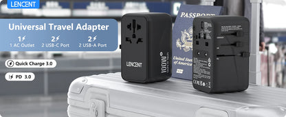 LENCENT 100W GaN Universal Travel Adapter – 2 QC4.0 USB-A & 2 PD3.0 Type-C PPS Fast Charging, EU/UK/USA/AUS Plug for Travel