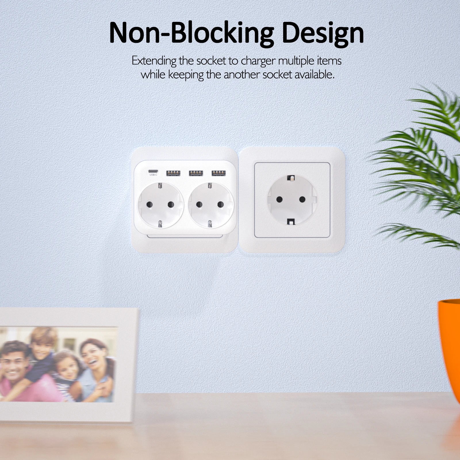 LENCENT 6-in-1 Wall Charger – Multi-Plug Adapter with 2 Schuko Sockets, 3 USB & 1 Type-C for Home & Office!