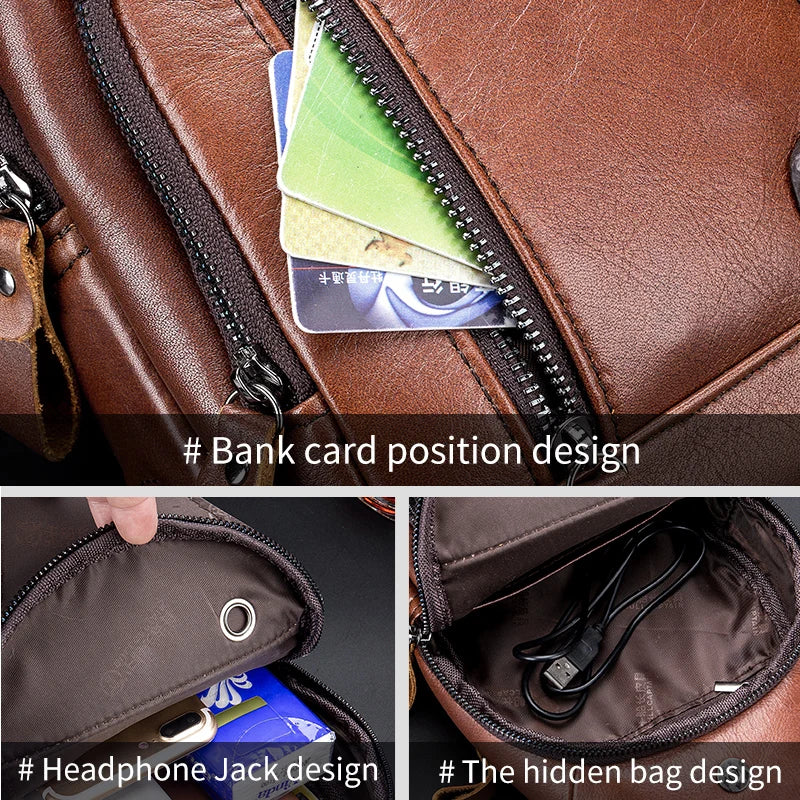 Bullcaptain Leather Large Capacity Chest Bag – Men’s Shoulder Bag with USB Port for Outdoor Casual Activities