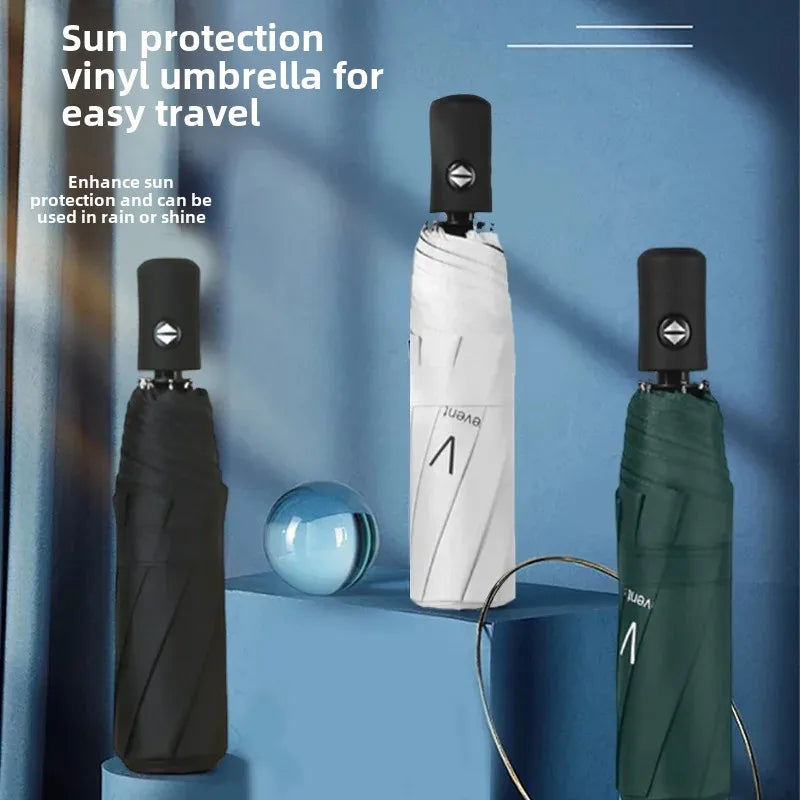 Automatic UV Umbrella Black Glue Sun And Rain Dual Purpose Sunshade Umbrella Logo Printable Three Fold UV Protection Business Ad