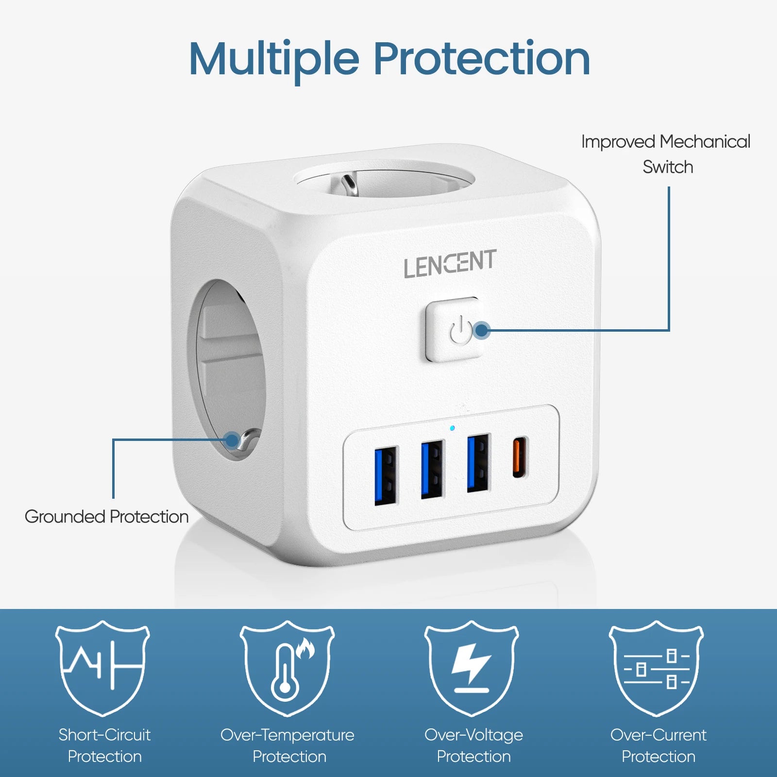 LENCENT 7-in-1 EU Power Strip – Wall Socket with 3 AC Outlets, 3 USB (QC 18W) & 1 Type-C (PD 35W) Fast Charger!