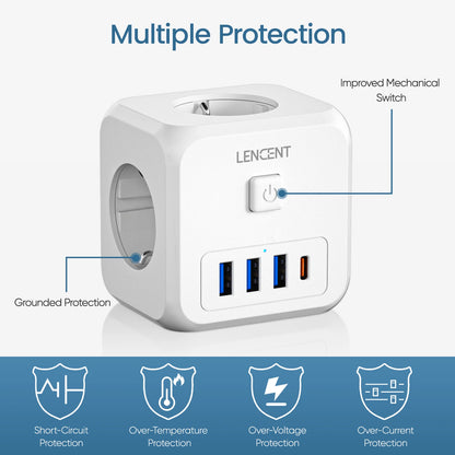 LENCENT 7-in-1 EU Power Strip – Wall Socket with 3 AC Outlets, 3 USB (QC 18W) & 1 Type-C (PD 35W) Fast Charger!