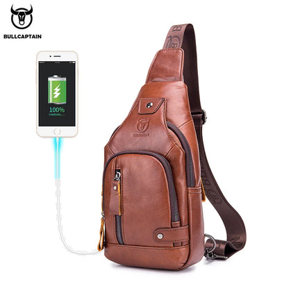 Bullcaptain Leather Large Capacity Chest Bag – Men’s Shoulder Bag with USB Port for Outdoor Casual Activities