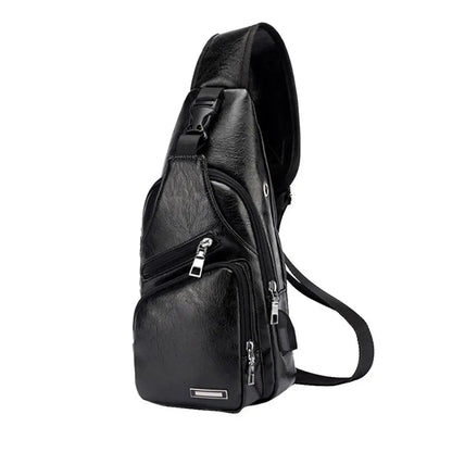 USB Data Cable Charging Chest Bag – Casual Fashion Shoulder Bag, PU Outdoor Sports Men’s Backpack
