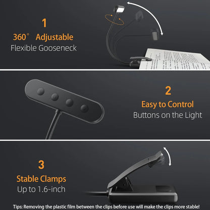 14 LED USB Rechargeable Book Light – Flexible, Clip-On Reading Lamp with Warm, Cool, and Daylight Options