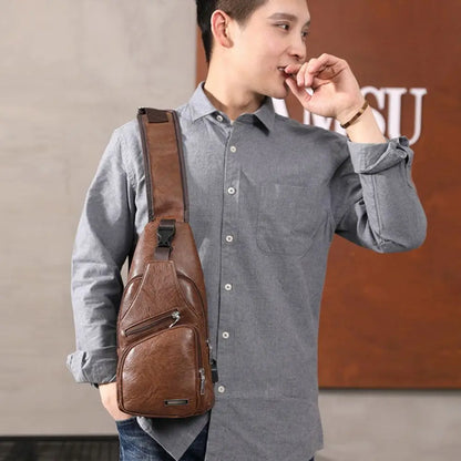 USB Data Cable Charging Chest Bag – Casual Fashion Shoulder Bag, PU Outdoor Sports Men’s Backpack