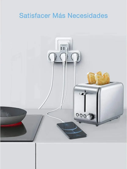 TESSAN 6-in-1 Socket Adapter – 3-Way Outlet with USB & Surge Protection for Travel, Smartphones & Laptops!