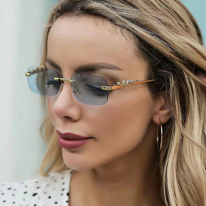 Classic Rimless Sunglasses – Stylish Frameless Shades with Leopard Decoration for Men & Women ✨🚘