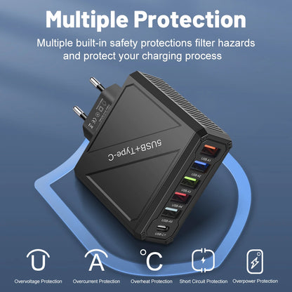 65W 5-Port USB Fast Charger – PD & QC 3.0 Adapter for Xiaomi, iPhone, Samsung & Vivo