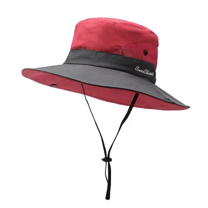 Womens Ponytail Sun Hat UV Protection Mesh Foldable Wide Brim Beach Fishing Bucket Hats Summer Hiking Outdoor Climbing hike Caps