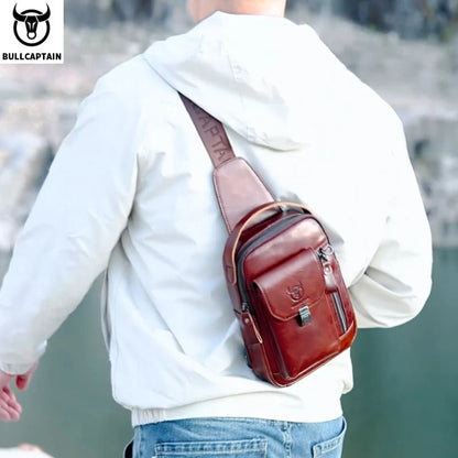 BULLCAPTAIN Men's Genuine Leather Chest Bag – Retro Anti-Theft Crossbody Bag for 7.9" Devices