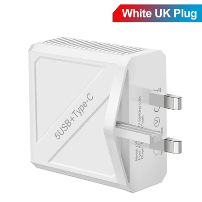 65W 5-Port USB Fast Charger – PD & QC 3.0 Adapter for Xiaomi, iPhone, Samsung & Vivo