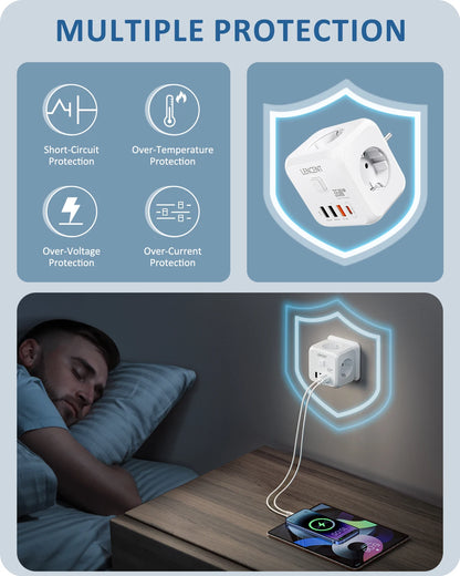 LENCENT 7-in-1 EU Power Strip – Wall Socket with 3 AC Outlets, 3 USB (QC 18W) & 1 Type-C (PD 35W) Fast Charger!