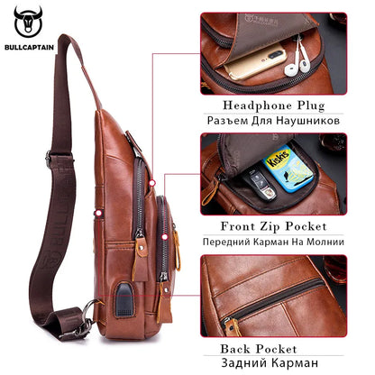 Bullcaptain Leather Large Capacity Chest Bag – Men’s Shoulder Bag with USB Port for Outdoor Casual Activities