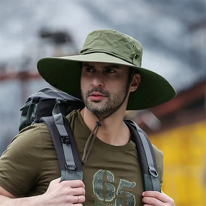 2025 Summer Wide Brim Bucket Hat – Breathable Mesh Outdoor Sun Cap for Men