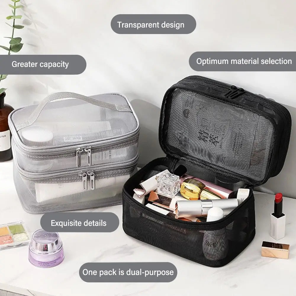 Fashion Transparent Mesh Travel Cosmetic Bag – Large Capacity 1/2/3 Layer Toiletry & Makeup Organizer for Women