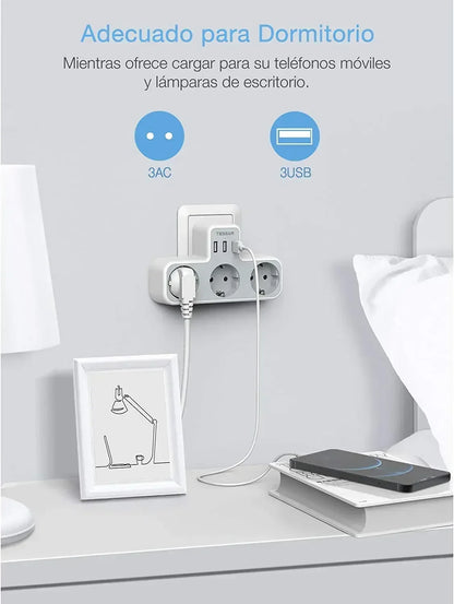 TESSAN 6-in-1 Socket Adapter – 3-Way Outlet with USB & Surge Protection for Travel, Smartphones & Laptops!