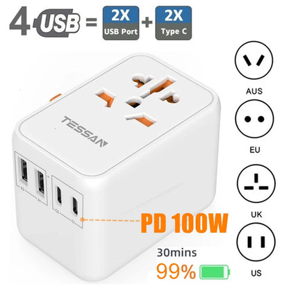 TESSAN 100W GaN Universal Travel Adapter – Fast Charging USB & Type-C Power Adapter for EU/UK/US/AU!