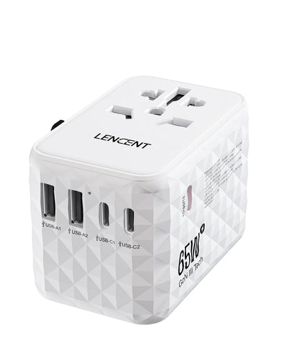 LENCENT 65W GaN Universal Travel Adapter – 2 USB & 3 Type-C Fast Charging All-in-One Charger for EU/UK/USA/AUS Travel