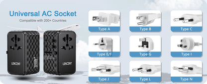 LENCENT 120W GaN International Travel Adapter – 1 USB-A & 3 Type-C PD3.0 Fast Charging EU/UK/USA/AUS Plug Travel Charger