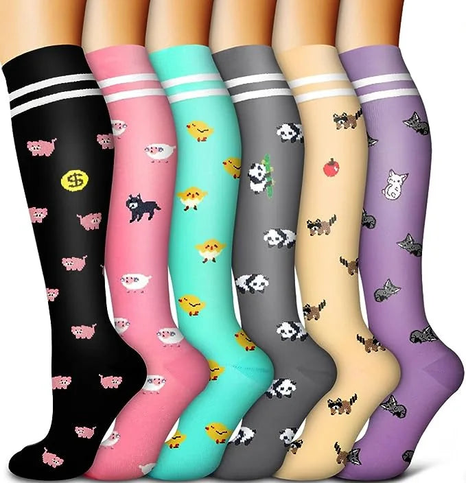 6 Pairs Animal & Fruit Compression Socks – Fun & Supportive Socks for Nurses, Runners & Everyday Wear**