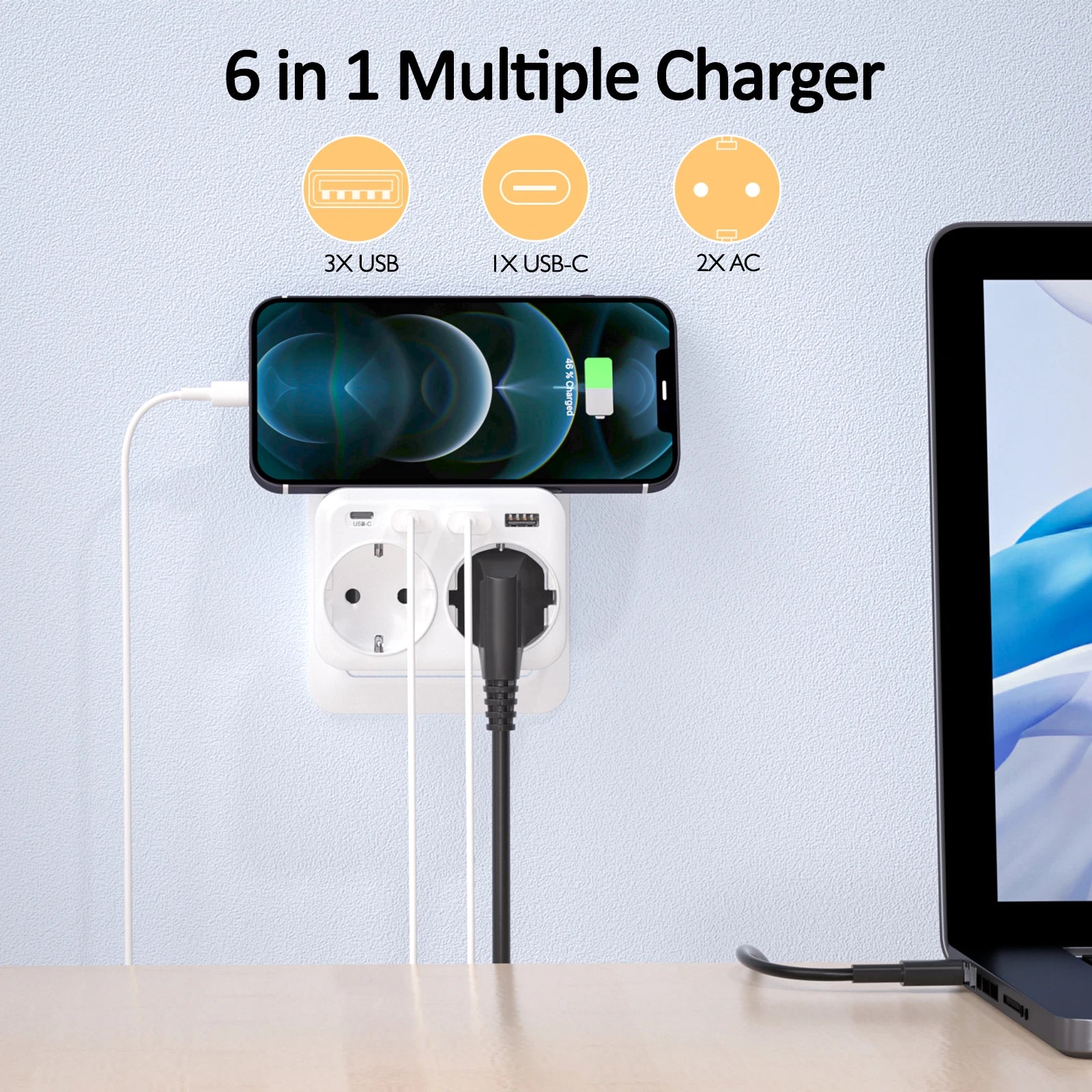 LENCENT 6-in-1 Wall Charger – Multi-Plug Adapter with 2 Schuko Sockets, 3 USB & 1 Type-C for Home & Office!