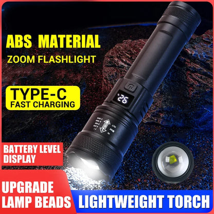 High-Power 2000LM LED Flashlight – Tactical Torch with Display Light, USB Charging, and Zoom for Camping, Fishing & Emergency