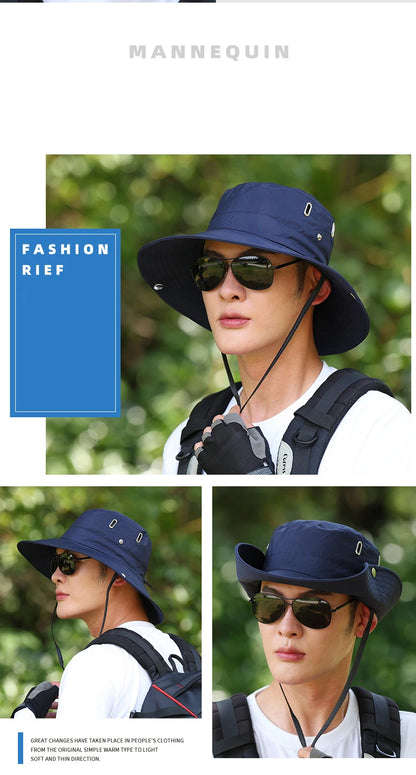 Windproof Men Outdoor Hat Wide Brim Flat Top Men Camping Hat Letter Print Anti-UV Strap Hollow Out Men Fisherman Hat Headwear