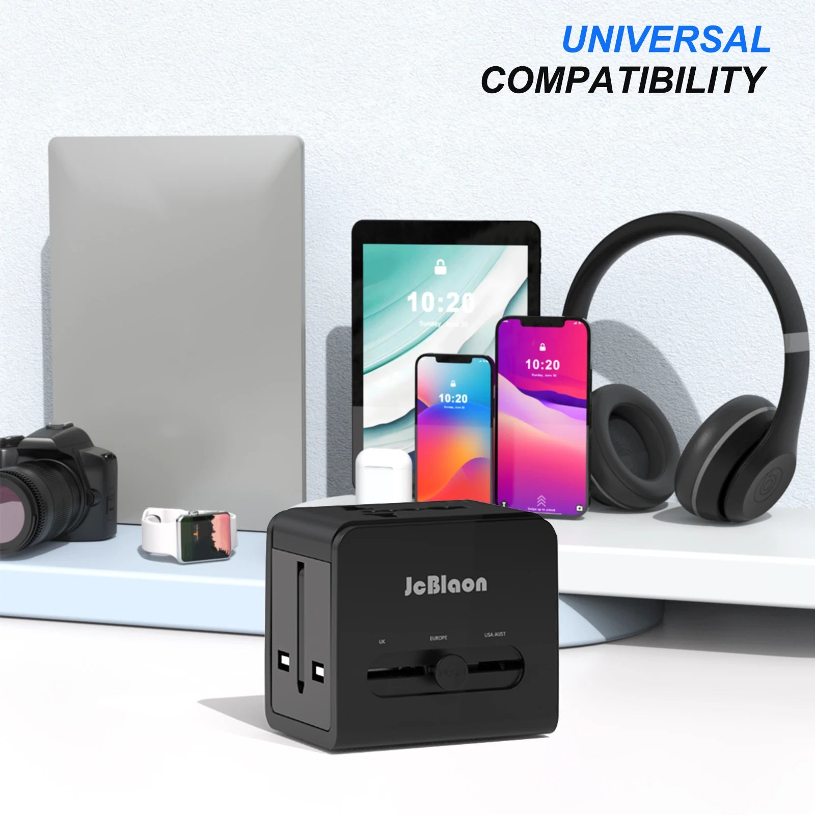 Universal Travel Adapter – Global Plug Converter with USB-A & Type-C for UK, US, EU, AU