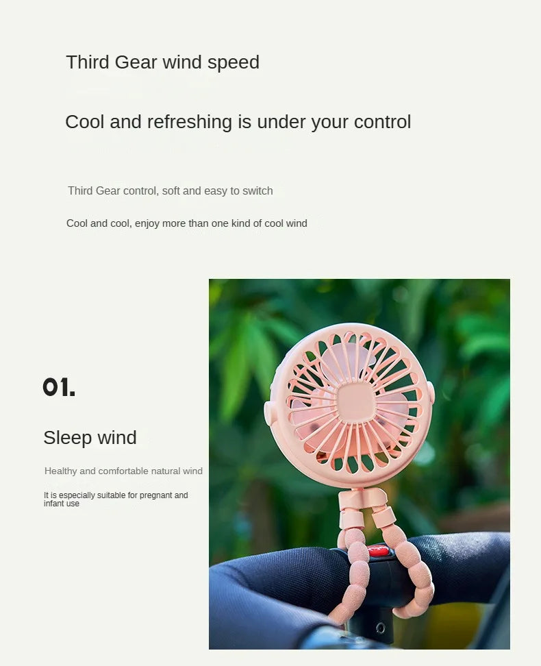 Portable Clip-On Stroller Fan – USB Rechargeable 3-Speed Fan for Baby, Cart & Outdoor Use