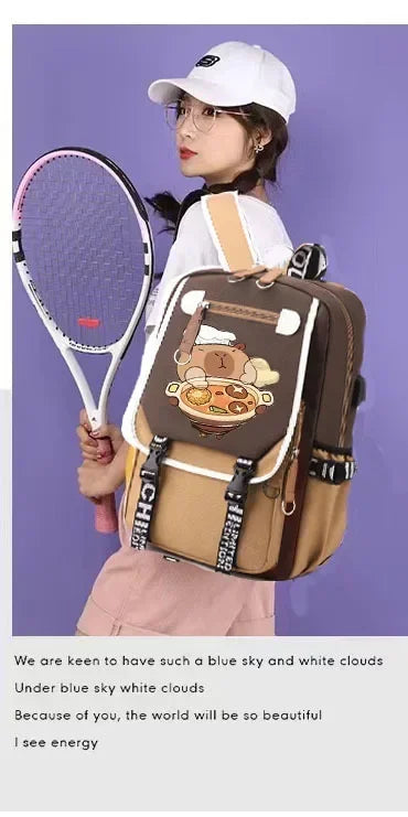 Stylish Kawaii Capybara Computer Backpack College School Casual Daypack Teens Bag Large Capacity Adjustable Strap Schoolbag