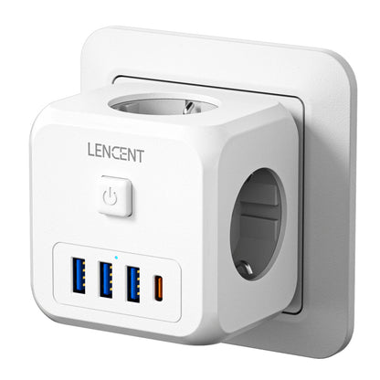 LENCENT 7-in-1 EU Power Strip – Wall Socket with 3 AC Outlets, 3 USB (QC 18W) & 1 Type-C (PD 35W) Fast Charger!